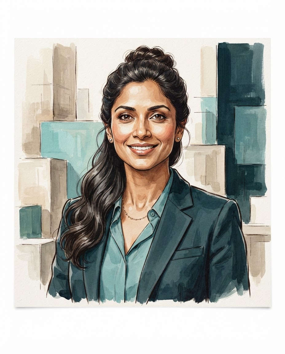 Editorial illustration portrait of Priya Nair, a South Asian woman with dark hair tied back