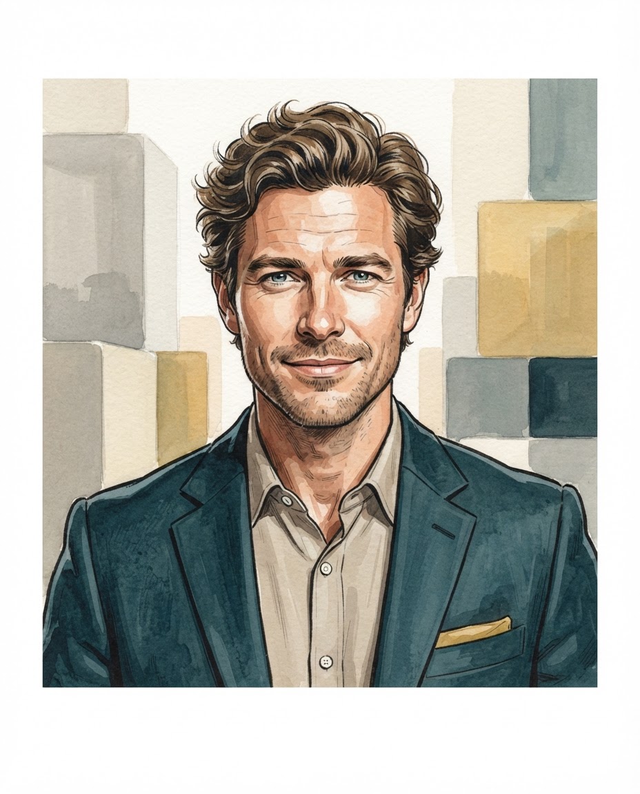 Editorial illustration portrait of Elliot Brooks, a British man with wavy dark blond hair