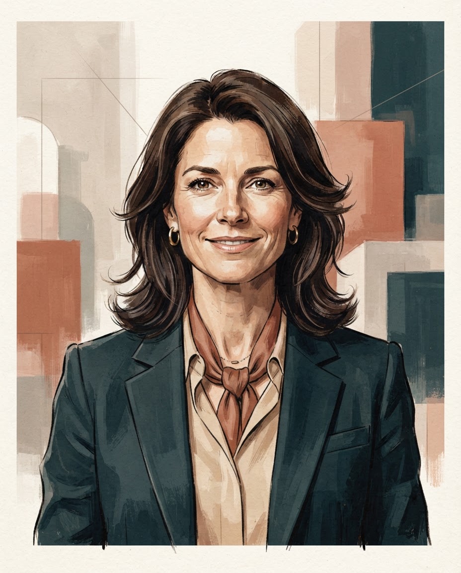 Editorial illustration portrait of Amelia Grant, a British woman with shoulder-length dark hair