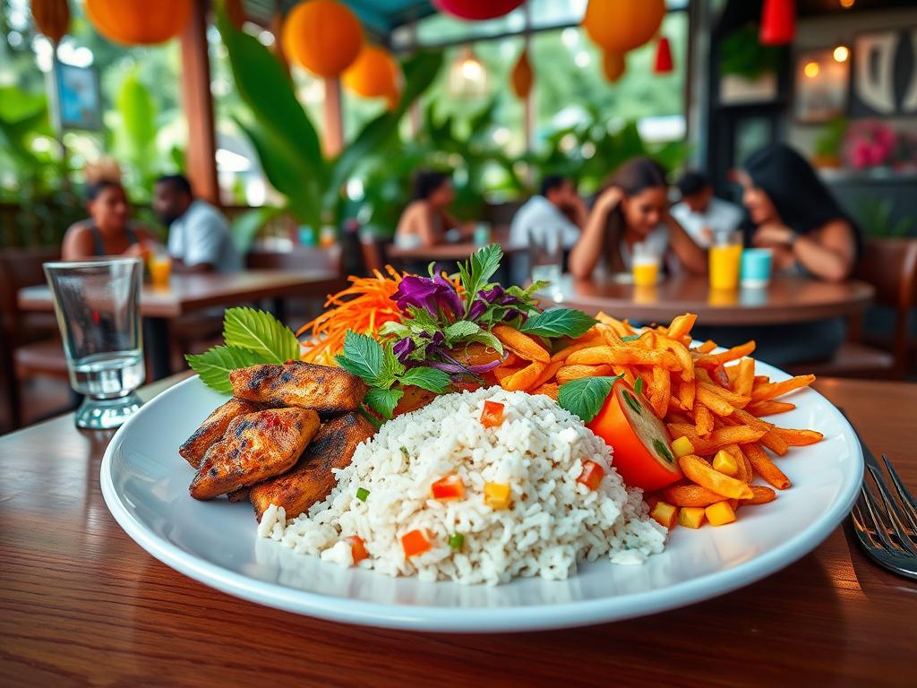 A beautifully arranged plate of colorful plant based Caribbean brunch