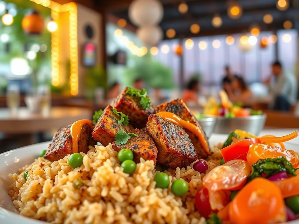 A close up of a colorful plant based Caribbean dish,