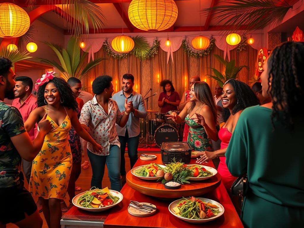 A lively scene of people dancing at a Caribbean themed