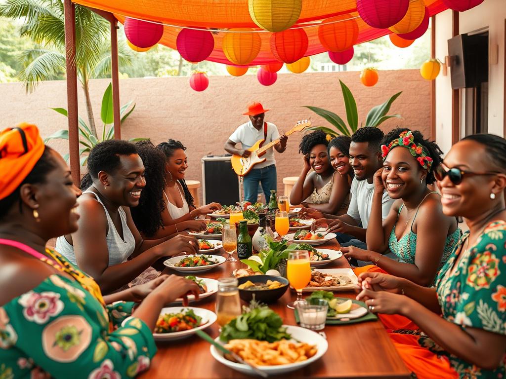 A lively brunch scene featuring a diverse group of people