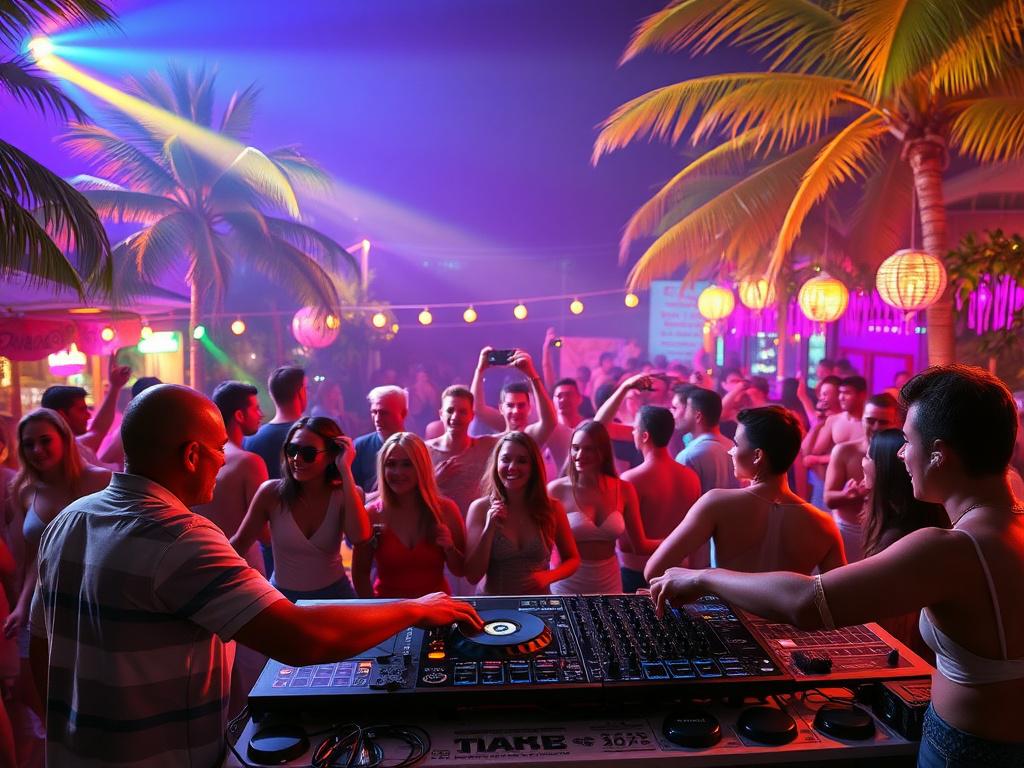 A bustling nightlife scene with people dancing under colorful lights,