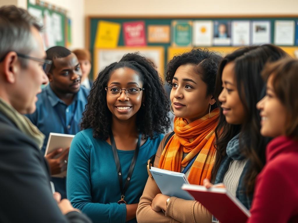 A close up shot of a diverse group of educators