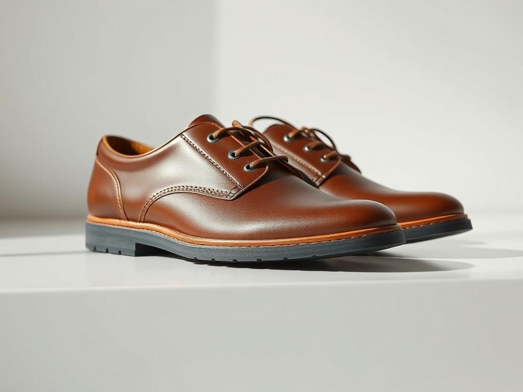 A close-up shot of a pair of smart casual shoes placed on a clean, white surface. The shoes are made of premium leather in a rich brown color, showcasing their sleek design and craftsmanship. The background is minimalistic, allowing the shoes to stand out. The image should highlight the quality and versatility of the footwear, rendered in high-resolution with a focus on the shoe details.