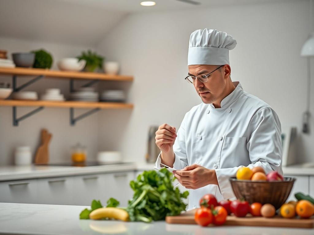 A clean, modern kitchen with a chef analyzing ingredients, showcasing