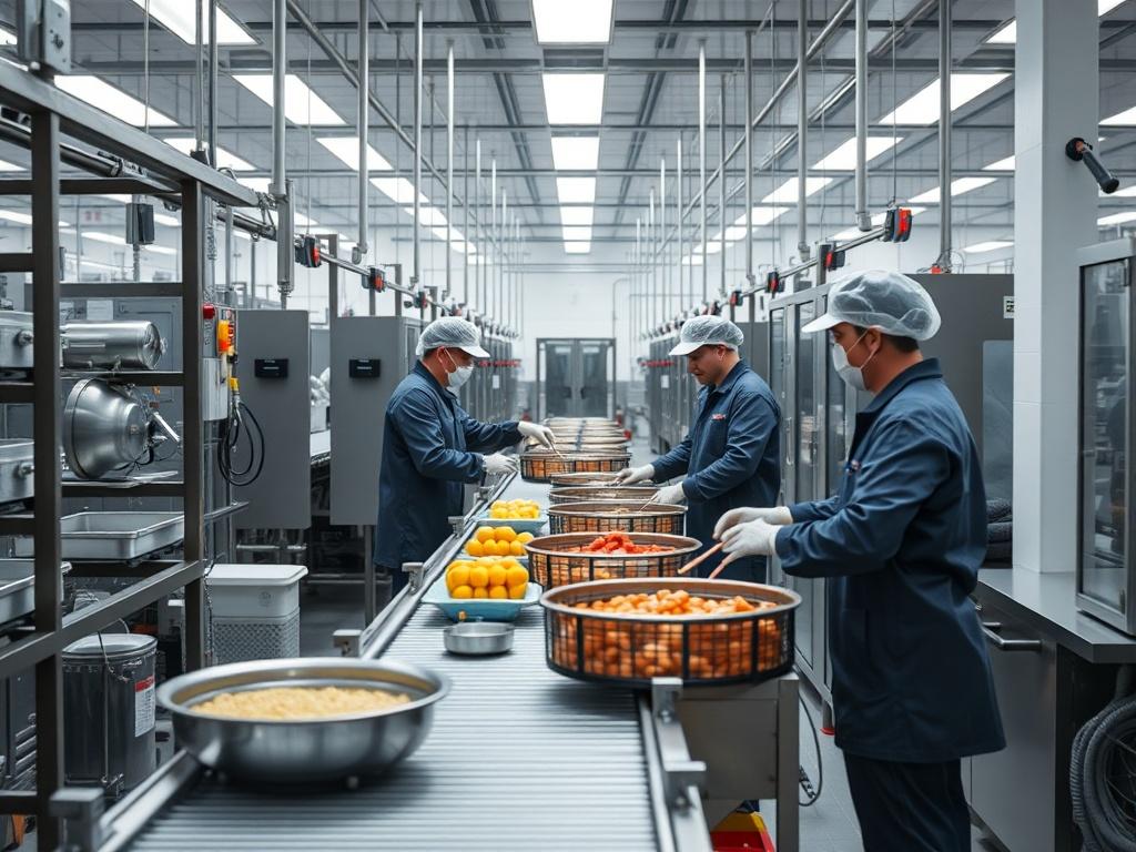 A sleek production line in a food factory, highlighting efficiency