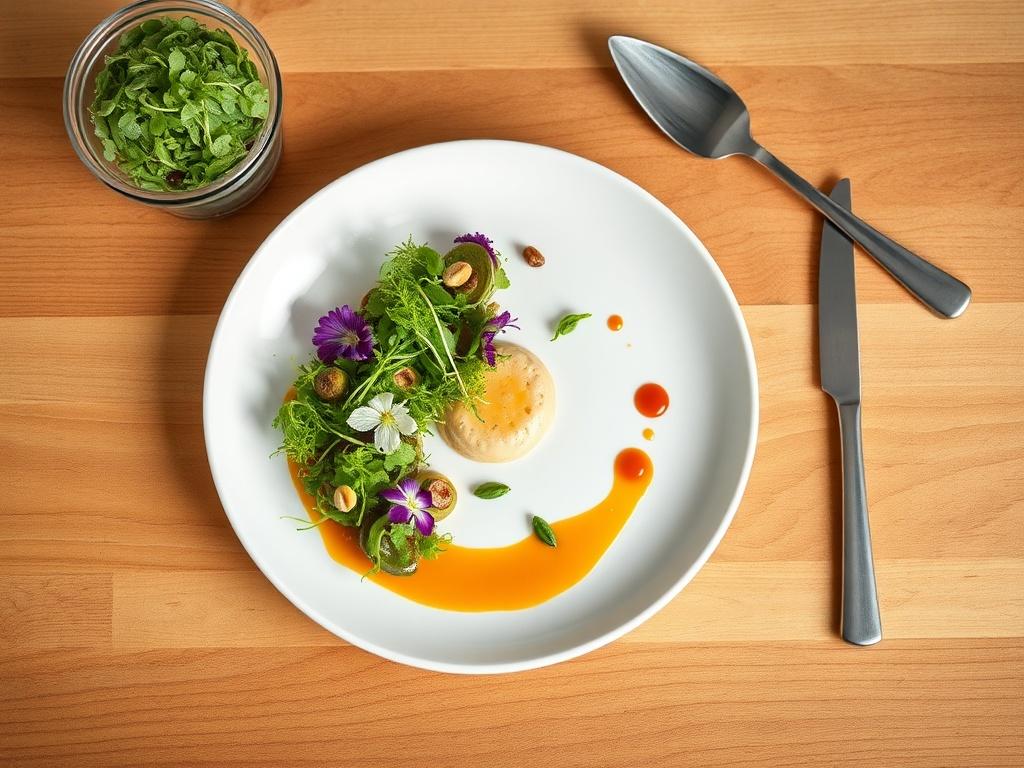 Create a realistic high-resolution photo that reflects the blog titled "Современные тенденции в кулинарии". The composition should be simple and clear, featuring a single subject: a beautifully plated gourmet dish that showcases modern culinary trends, such as molecular gastronomy or plant-based ingredients. 

The dish should be artfully arranged on a minimalistic white plate, emphasizing vibrant colors and textures of fresh ingredients like microgreens, edible flowers, and innovative sauces. Surrounding th