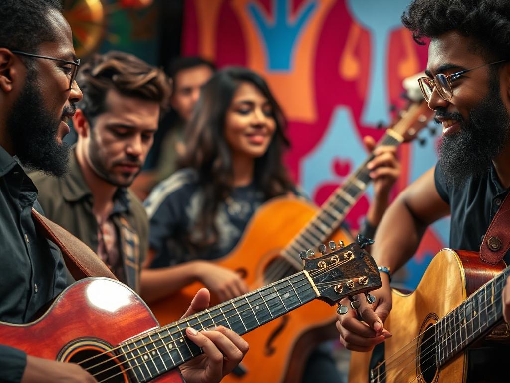 A close-up shot of a diverse group of musicians in a vibrant setting, showcasing their passion for music. The image should capture the intensity of their expressions as they play various instruments. The background should be colorful and lively, reflecting a musical atmosphere. The composition should focus on the musicians, highlighting the details of their instruments and the emotion of the moment. The lighting should be warm and inviting, enhancing the overall feel of creativity and collaboration.