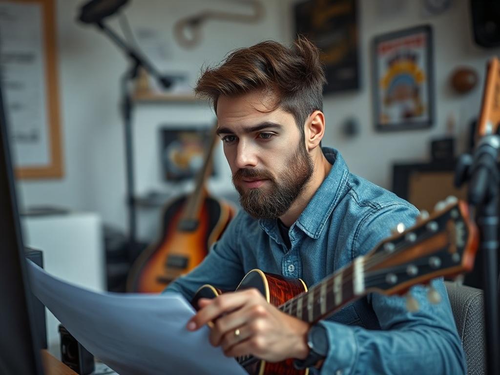 A close-up shot of a passionate music event organizer in their workspace, surrounded by musical instruments, planning an event. The background is softly blurred, emphasizing the subject's focused expression. The color palette features shades of blue to align with the brand identity, creating a modern and professional atmosphere.