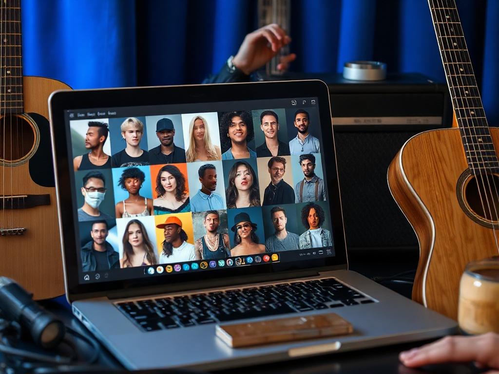 A close-up shot of a selection of musician profiles on a laptop screen, surrounded by musical instruments, with a blue-themed background, captured with a 45mm f/1.2 lens.