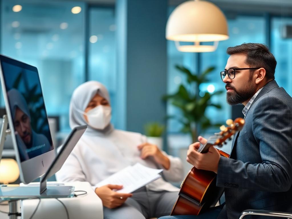 A close-up shot of a musician discussing event details with a client in a modern office, with a blue-themed background, captured with a 45mm f/1.2 lens.