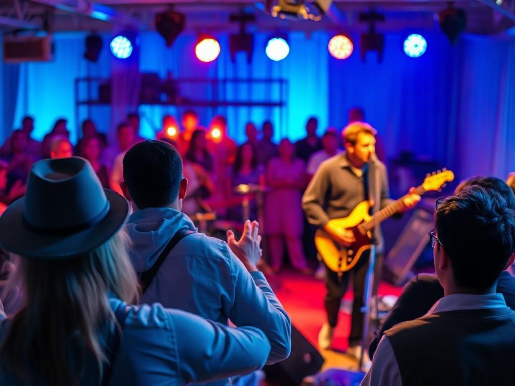 A close-up shot of a vibrant live music event with musicians performing on stage, with the audience enjoying, in a blue-themed background, captured with a 45mm f/1.2 lens.