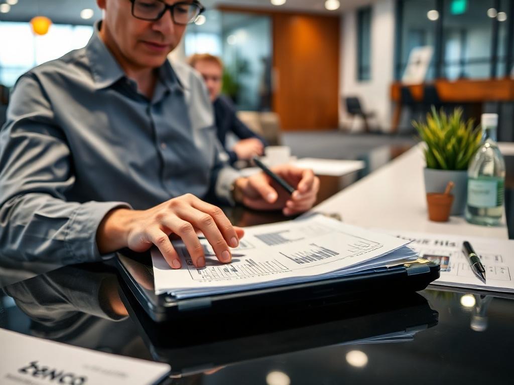 A close-up shot of an event planner working on a laptop with event plans and notes, in a modern office, with a blue-themed background, captured with a 45mm f/1.2 lens.