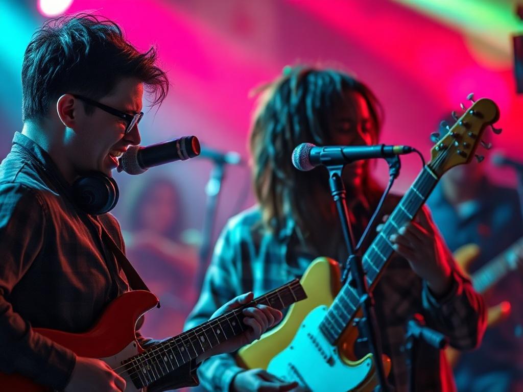 A hyper-realistic close-up shot of a vibrant musical event, featuring musicians passionately playing instruments on stage. The background should be blurred, focusing on the emotional expressions of the musicians, illuminated by colorful lights that complement the primary color #062767. Shot with a 45mm f/1.2 lens.