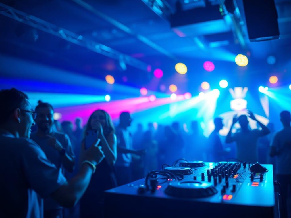 A close-up shot of a vibrant music event with a DJ in action, surrounded by joyful attendees enjoying the atmosphere. The DJ is focused and energetic, with colorful lights illuminating the scene. The background features blurred silhouettes of the audience dancing, creating a lively ambiance. The primary color theme is blue (#062767), enhancing the modern feel of the event.
