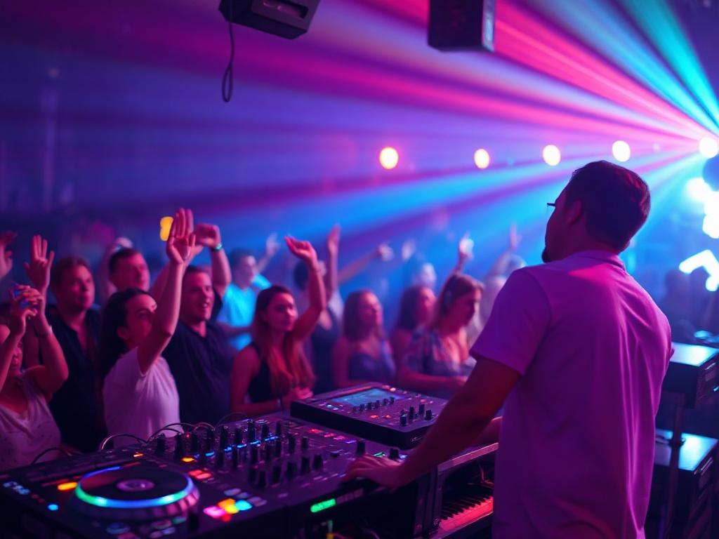 A high-resolution close-up shot of a vibrant musical event scene, capturing a dynamic DJ performing in front of an enthusiastic crowd. The focus should be on the DJ, who is mixing tracks with energy, while colorful lights illuminate the atmosphere. The background should be slightly blurred to emphasize the DJ and the excitement of the event, with hints of audience members enjoying the music. The overall color scheme should harmonize with a deep blue (#062767) to reflect MusikaBizi's branding.