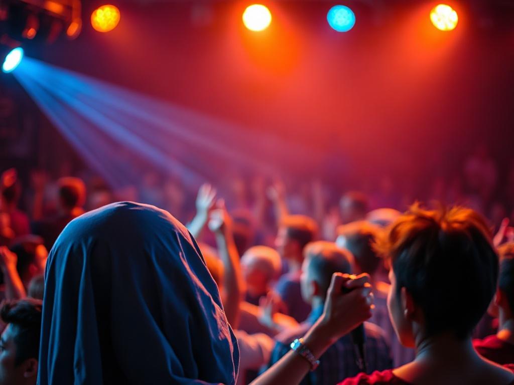 A high-resolution close-up shot of a vibrant live music event, showcasing a passionate musician performing on stage with an energetic crowd. The background is blurred to emphasize the artist, with warm lighting creating an inviting atmosphere. The color palette should harmonize with the primary color #062767, incorporating shades of blue and vibrant stage lights.