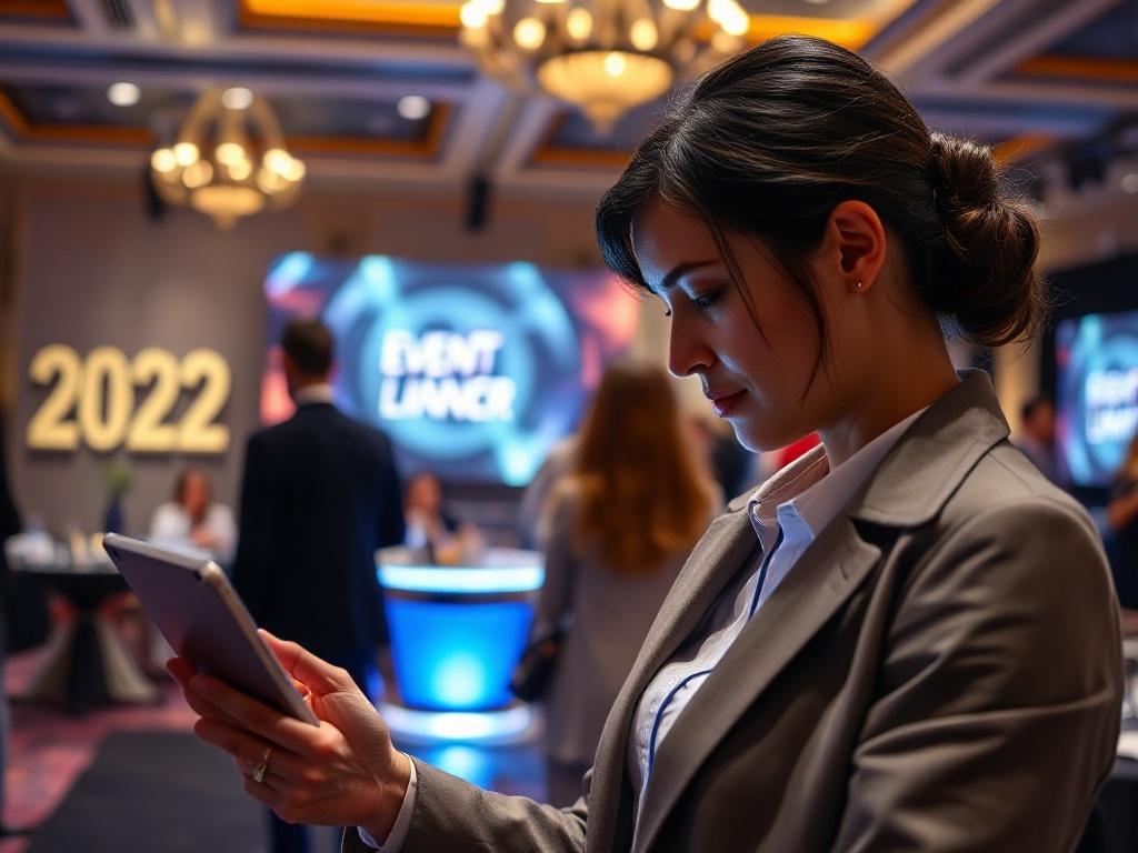 A close-up shot of an event planner coordinating details on a tablet, with a background of a lively event setting. The atmosphere should reflect excitement and professionalism, with blue accents in the decor to align with #062767.