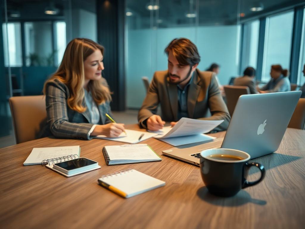A close-up shot of a professional meeting in a modern office, featuring two people discussing plans with a laptop open, a notepad with notes, and a cup of coffee on the table. The background should be sleek and modern, with a hint of blue to match the primary color of #062767.