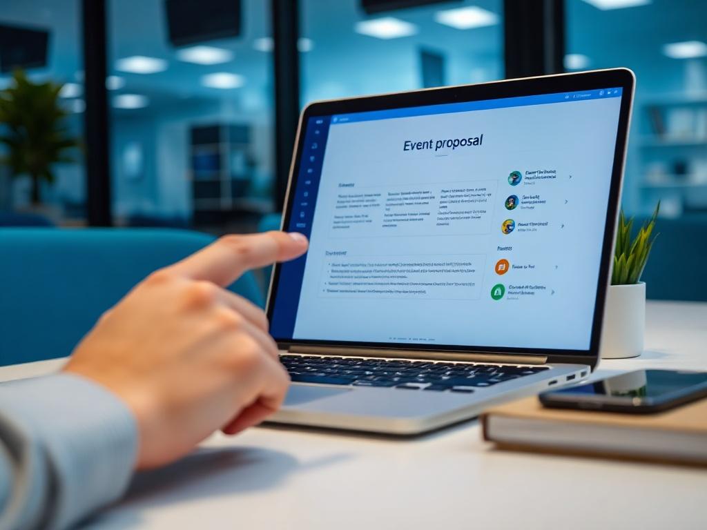 A close-up shot of a laptop displaying a detailed event proposal, with a hand pointing at the screen. The setting should have a modern office vibe, with a blue-toned background that harmonizes with the primary color #062767.