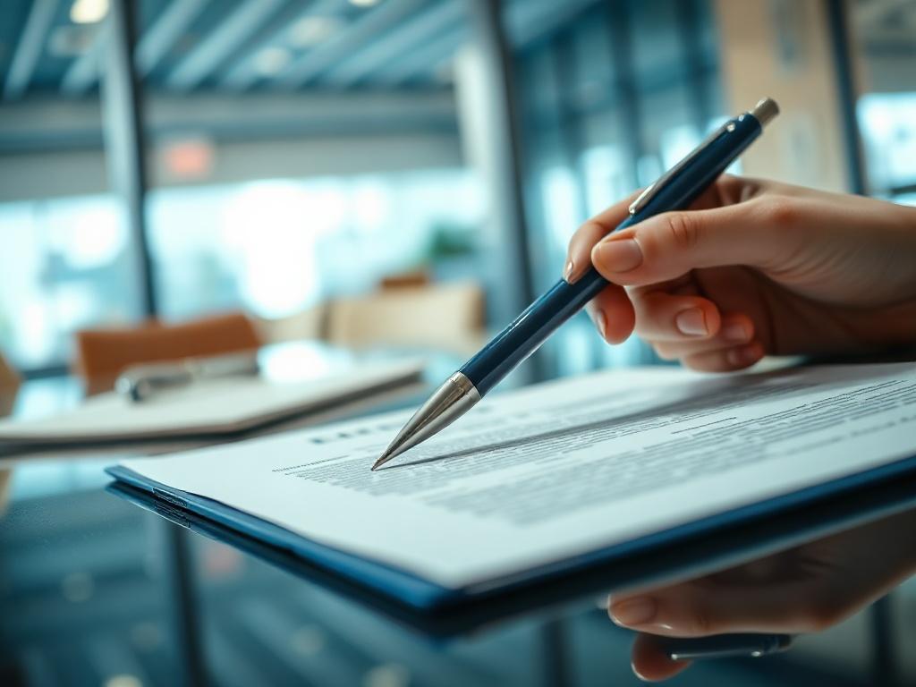 A close-up shot of a contract being signed, with a pen in hand and a blurred background of a modern office. The composition should have a professional feel, incorporating elements of blue to match #062767.