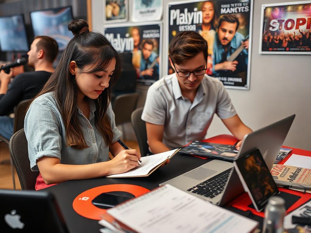 A realistic close-up shot of a music event coordinator organizing a schedule on a laptop, with event materials spread out on a table. The coordinator, a young woman, is focused and taking notes while discussing with a colleague. The setting is vibrant with musical posters and planning tools around.