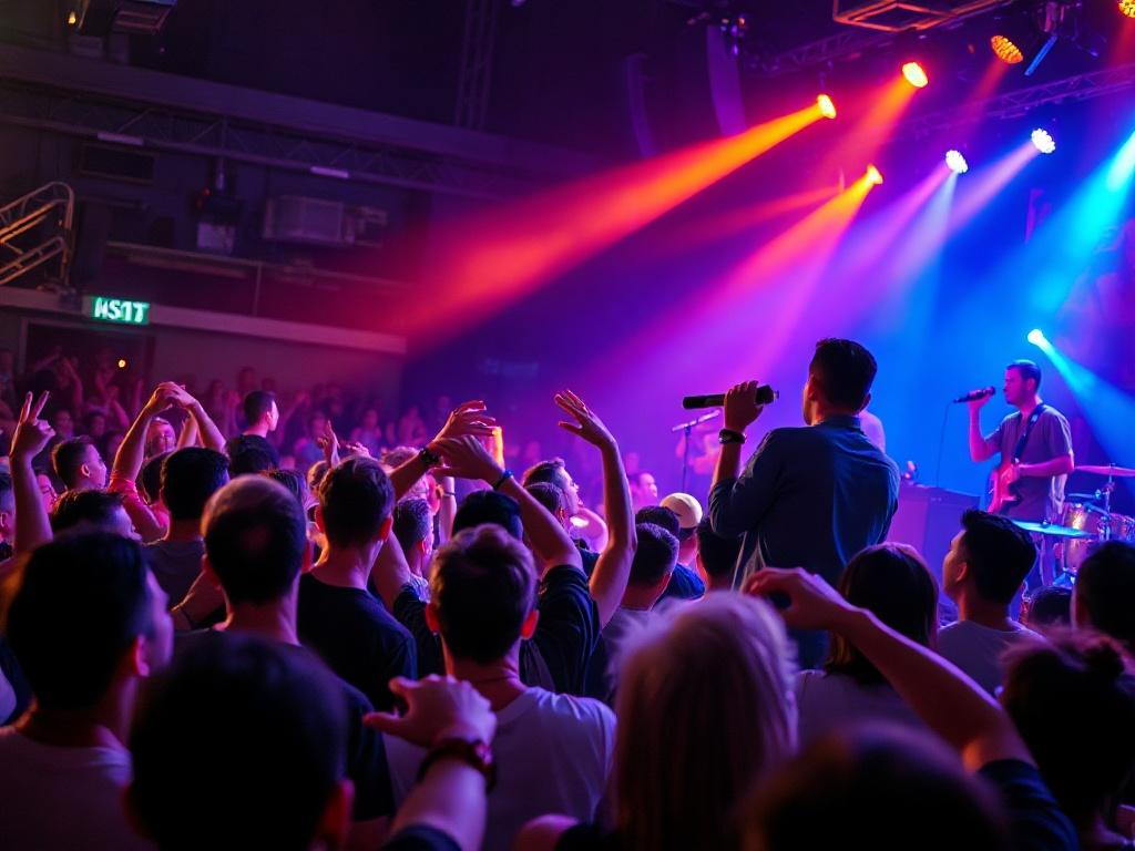 A dynamic close-up shot of a live music event with a crowd enjoying the performance. The musicians are on stage, fully engaged with the audience, who are dancing and cheering. The atmosphere is lively with colorful lights illuminating the stage, creating an unforgettable experience.