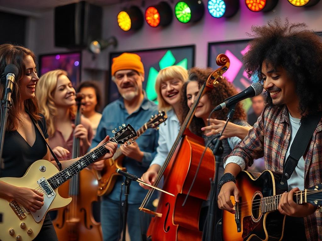 A hyper-realistic image of a diverse group of musicians performing together in a studio, showcasing different instruments. The musicians, a mix of genders and ethnicities, are engaged and smiling, creating an energetic atmosphere. The background features colorful lights and musical equipment, reflecting a vibrant music scene.