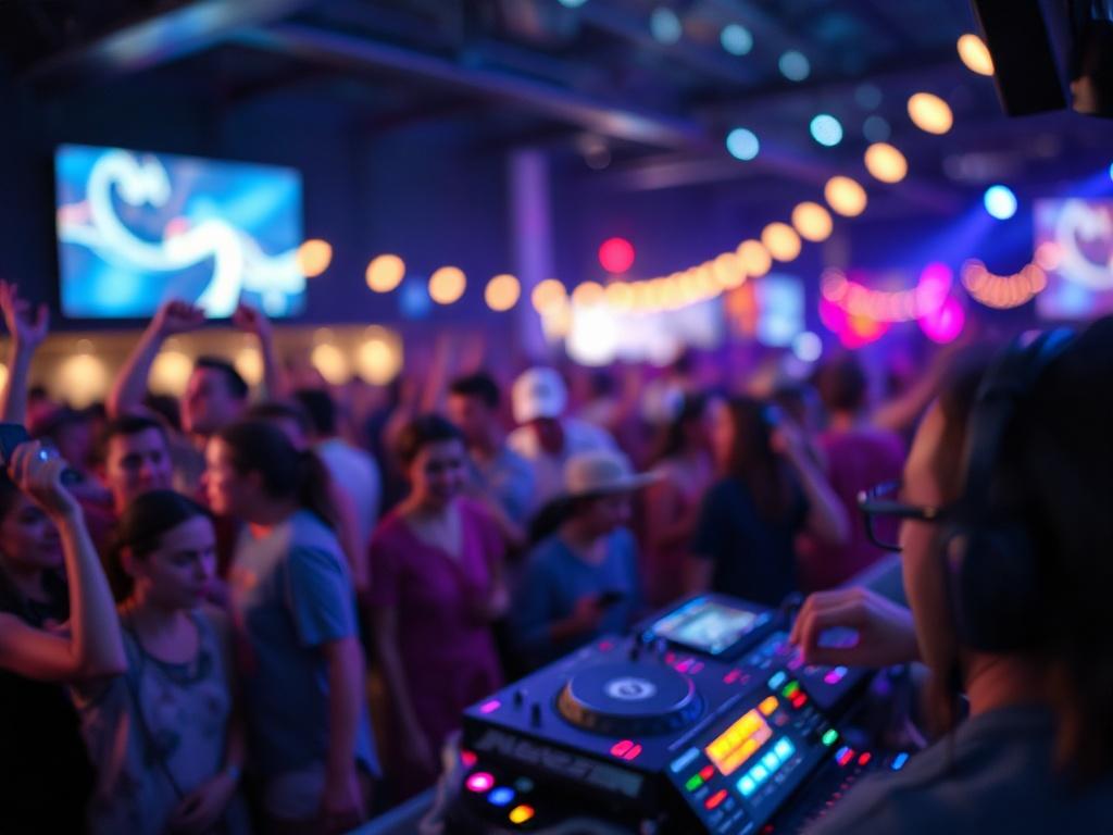 A detailed close-up shot of a vibrant music event with a DJ playing in the background, capturing the energy and excitement of the crowd. The setting is illuminated with colorful lights, showcasing attendees enjoying the music. The focus is on the DJ, with a blurred crowd in the background, creating a sense of depth. The primary color theme is a rich blue, complementing the lively atmosphere. The image should evoke feelings of joy and celebration.