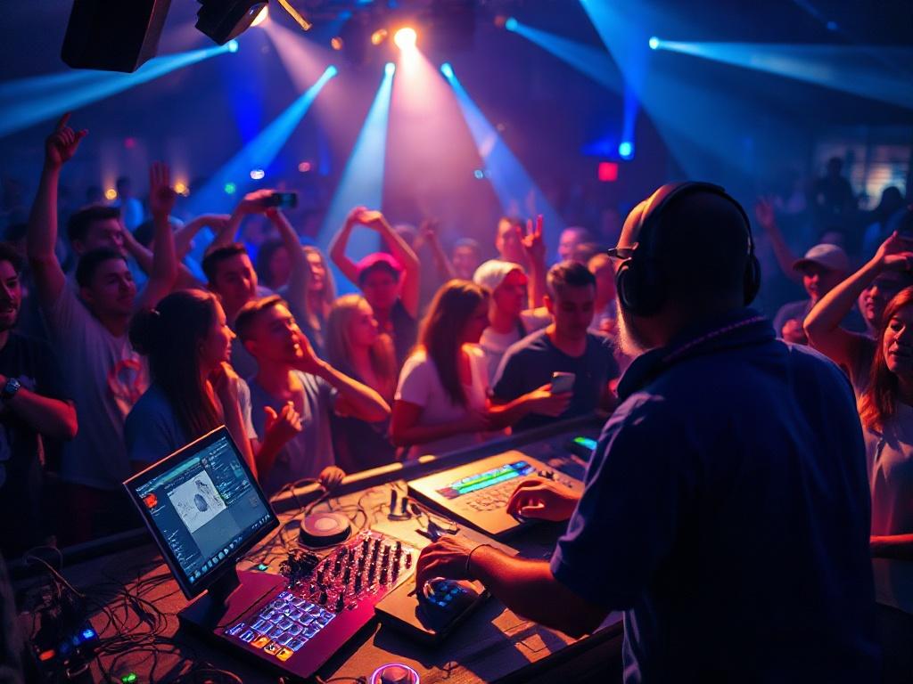 A close-up shot of a live music event in progress, showcasing a DJ performing in front of an enthusiastic crowd. The environment is vibrant and filled with energy, with blue lights illuminating the scene.
