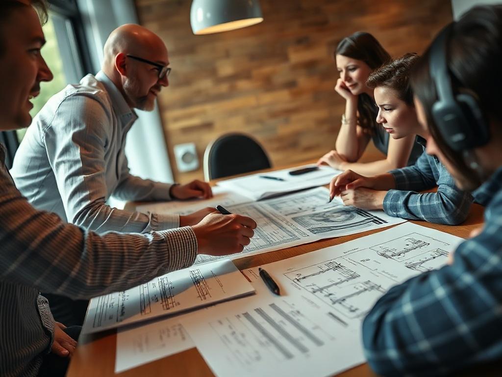 A close-up shot of a team planning an event at a conference table, with blueprints and music notes scattered around. The atmosphere is collaborative and focused, showing teamwork.