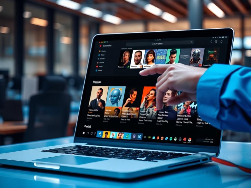 A close-up shot of a selection of music artist profiles displayed on a laptop screen, with a person pointing at the screen in an office environment. The color scheme is predominantly blue, creating a modern feel.