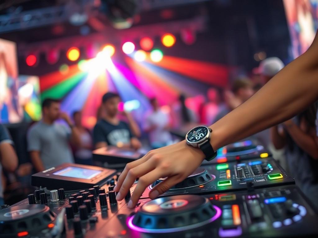 A close-up shot of a vibrant music event, showcasing a DJ mixing tracks with colorful lights in the background. Focus on the DJ's hands on the turntables, capturing the energy and excitement of the event. The atmosphere is lively and dynamic, with people enjoying the music and dancing. The image should be hyper-realistic, with high resolution, shot with a 45mm f/1.2 lens style, complementing the primary color #062767.
