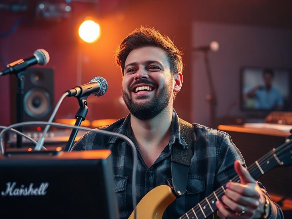 A close-up shot of a passionate music event organizer surrounded by musical instruments and sound equipment, conveying the energy and excitement of an event. The background should be softly blurred to emphasize the subject, while the primary color #062767 subtly accents the scene. The lighting should be warm and inviting, highlighting the organizer's enthusiasm and dedication to creating unforgettable musical experiences.