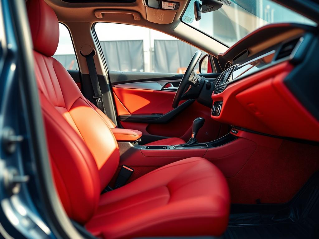 A high-resolution close-up shot of a freshly detailed car interior, highlighting the clean seats, dashboard, and floor mats. The image should capture the vibrant colors of the upholstery, with soft, natural lighting that emphasizes cleanliness and attention to detail. The background should be subtly blurred to keep the focus on the pristine interior.