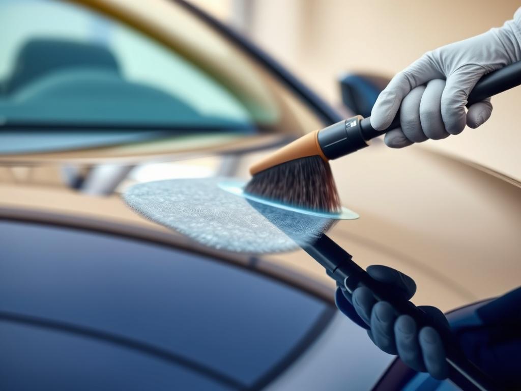 A high-resolution close-up shot of a car hood with a protective coating being applied. The image should focus on the glossy finish of the paint and the applicator in action, illustrating the process of protecting the vehicle. The background should be softly blurred to highlight the subject, with natural light reflecting off the coated surface.