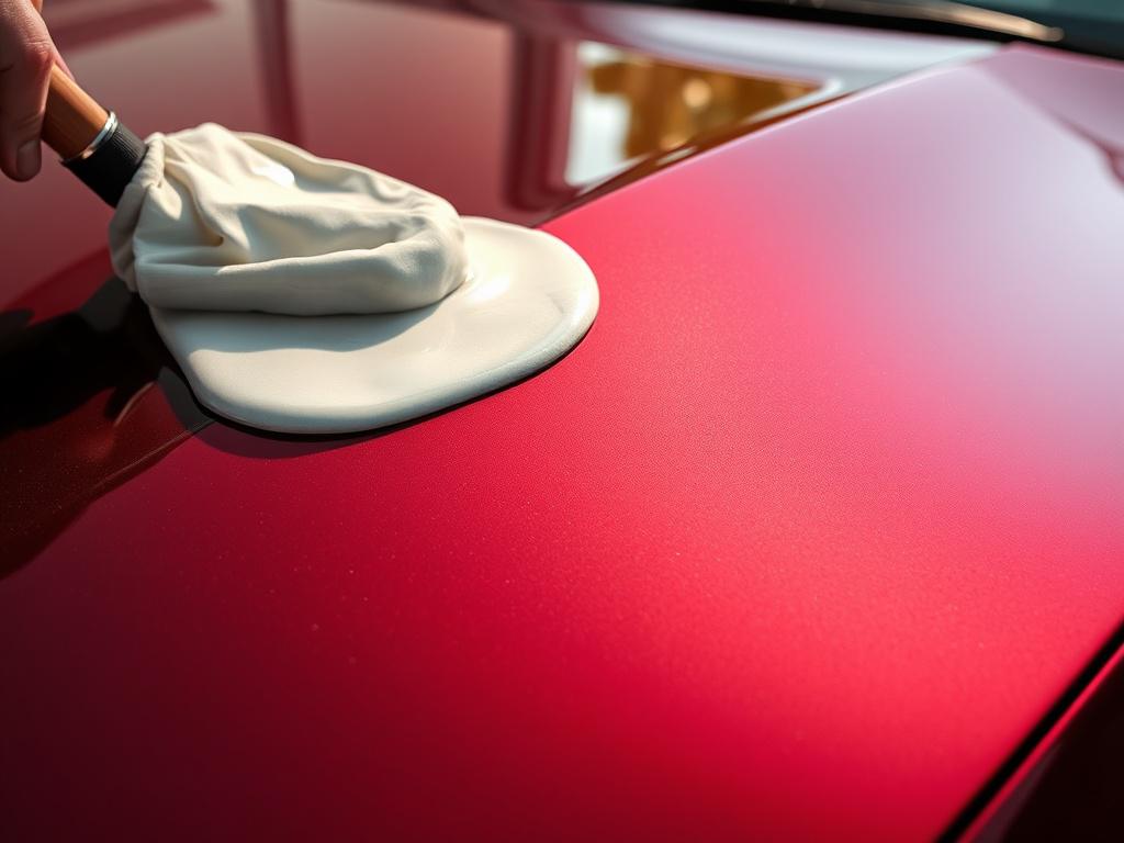 A close-up shot of a sleek car hood being polished with wax. The focus is on the shiny surface reflecting light, showcasing the deep gloss and clarity of the paint. The background is blurred to emphasize the car's surface, with warm natural lighting enhancing the richness of the color. The image is rendered in hyper-realistic style, capturing the texture of the wax and the detail of the paintwork.