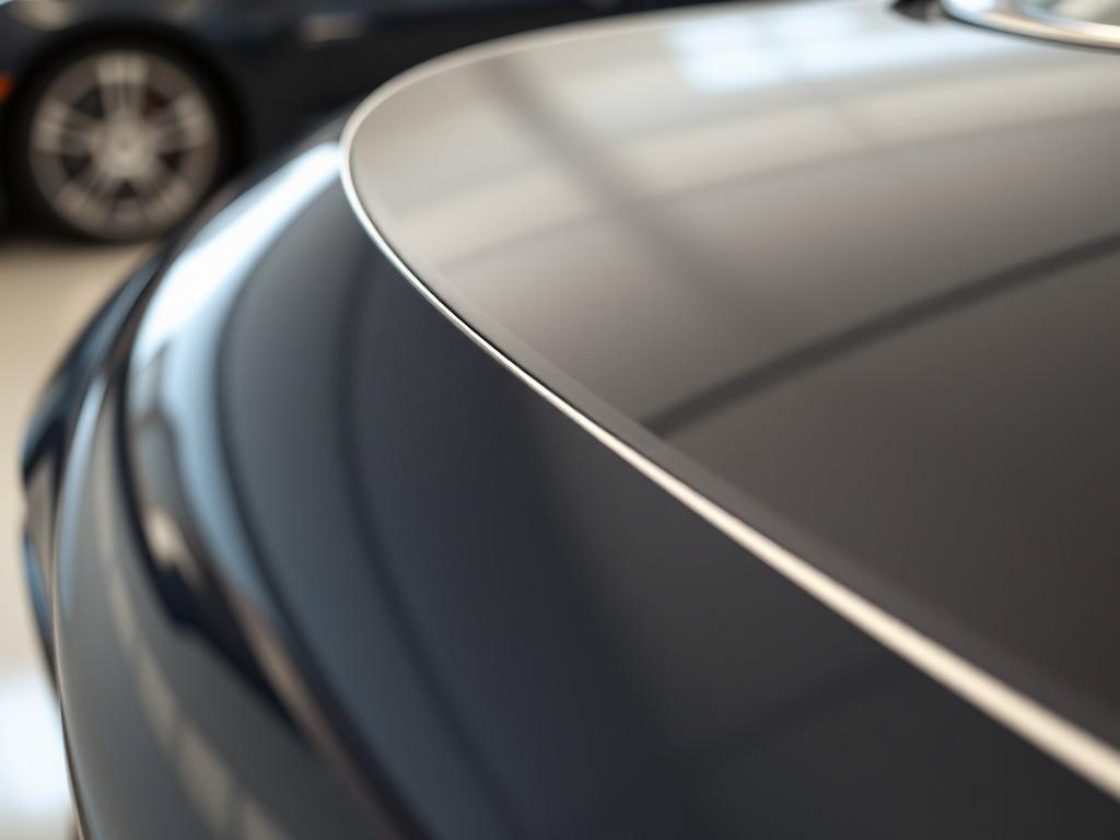 A close-up shot of a car's glossy exterior after detailing, highlighting the shine and reflection. The background should be blurred to emphasize the car, showcasing a pristine, clear surface with no blemishes. Use a 45mm f/1.2 lens style for a hyper-realistic effect.