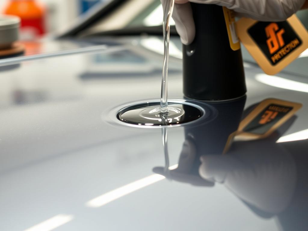 A close-up shot of a car's surface being treated with a paint protection product, highlighting the application process with a shiny finish. The background should be blurred to focus on the detailing work, reflecting a clean and polished surface. Use a 45mm f/1.2 lens for a hyper-realistic representation.