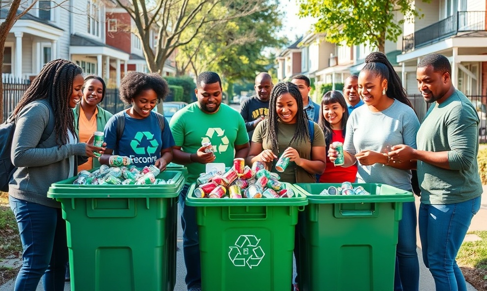 Community members participating in aluminum can recycling