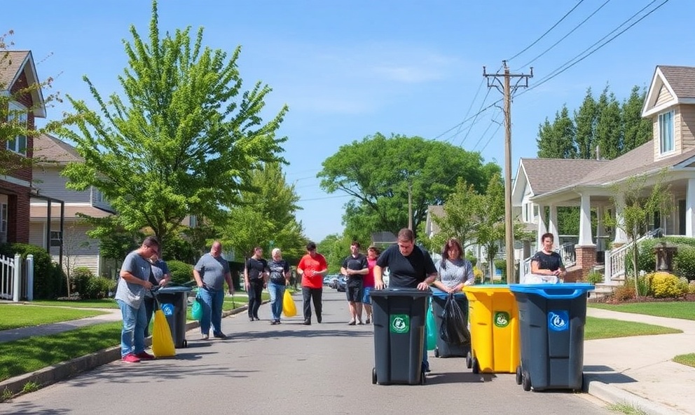 Neighborhood cleanup with volunteers and recycling bins