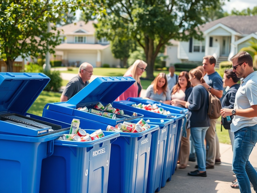 Community members recycling aluminum cans into blue recycling bins