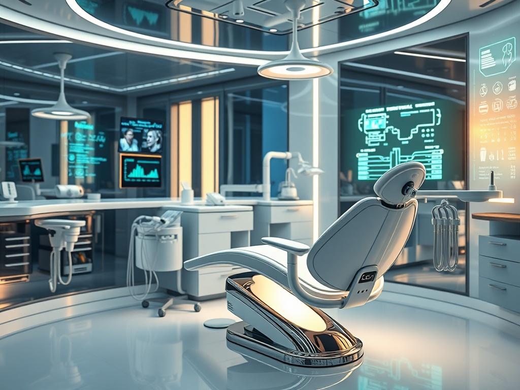 A hyper realistic, high resolution showcasing a futuristic dental clinic