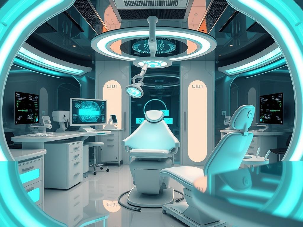 A futuristic dental office featuring advanced AI technology, sleek design