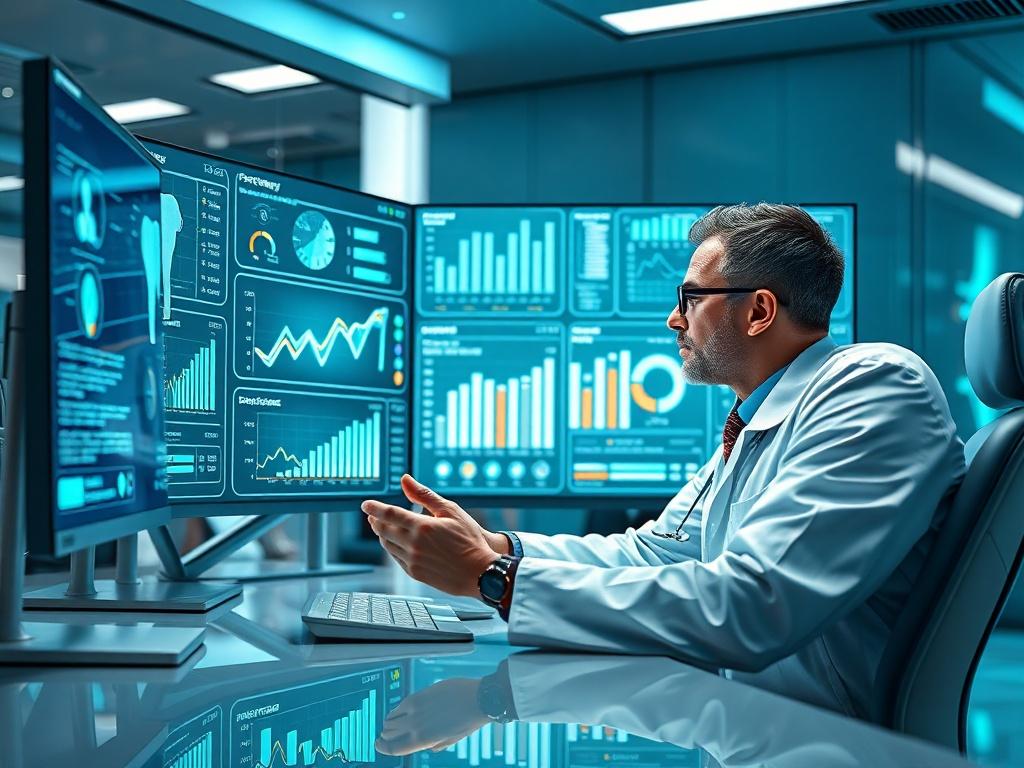 An analytical workspace featuring a dentist reviewing detailed charts and