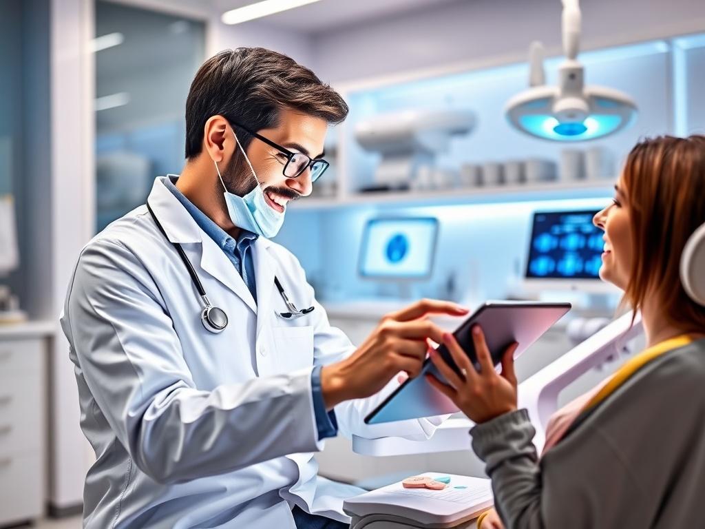 A vibrant dental practice scene where a friendly dentist is