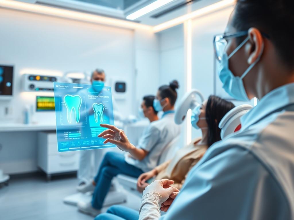 A futuristic dental clinic featuring advanced AI technology, with a