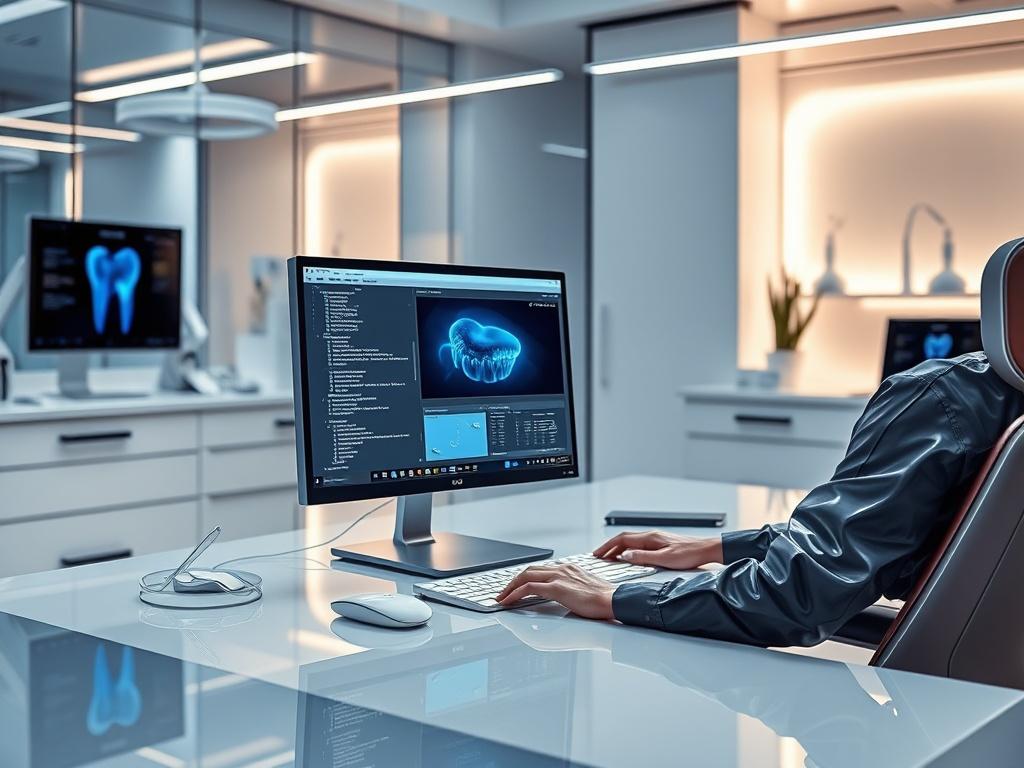 A sleek workspace showing a developer creating custom software on